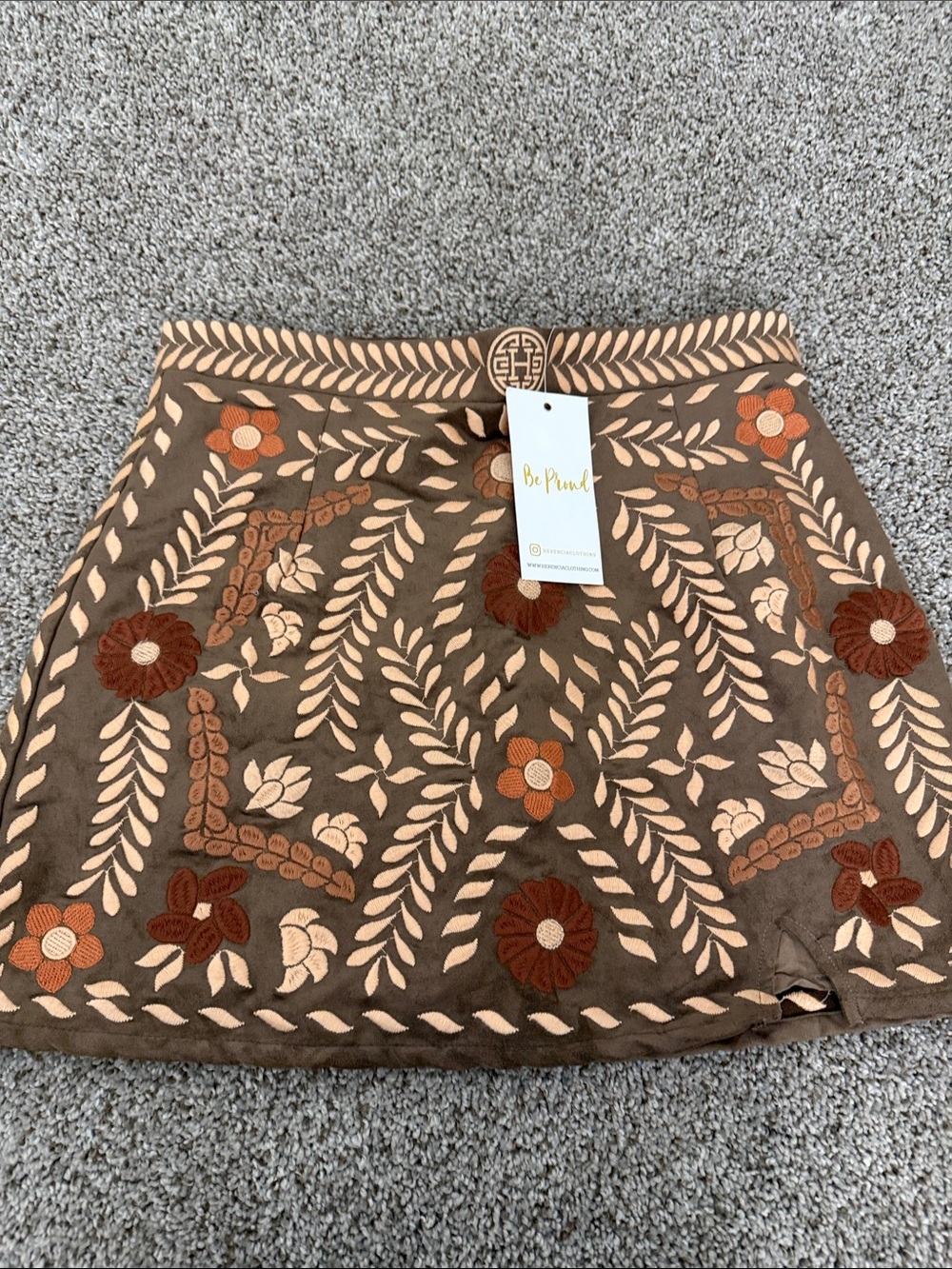 Brown Embroidered Floral Mini Skirt